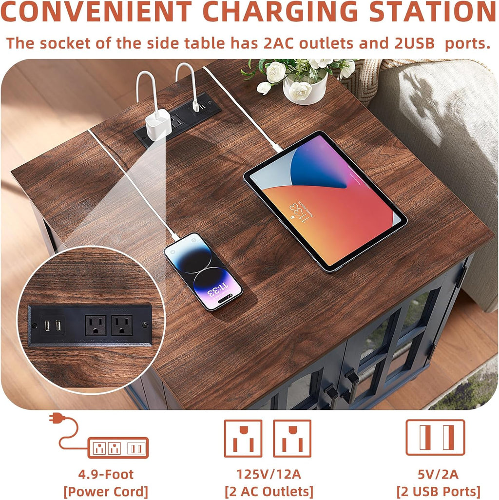 RWYHG Farmhouse 24' End Table Set of 2 with Charging Station, Large Sofa Side Table with Glass Barn Door,Wood Night Stand with Adjustable Storage Shelf,Square Bedside Table for Living Room,Bedroom