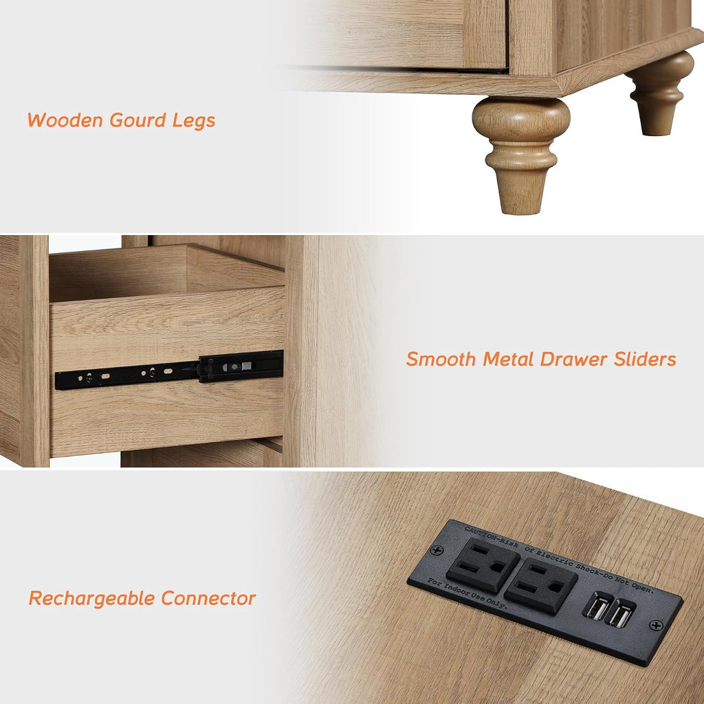 WAMPAT Set of 2 End Table with Charging Station & Power Outlets & USB Ports, Farmhouse Side End Table with Drawer and Storage Cabinet for Bedroom, Oak