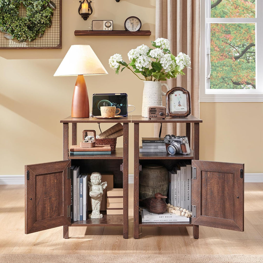 IFGET Farmhouse Nightstand Set of 2, End Table with Charging Station, Rustic Side Table w/Barn Door & Open Shelves, Bedside Table w/Storage Space and Storage Cabinet for Bedroom, Living Room (Brown)