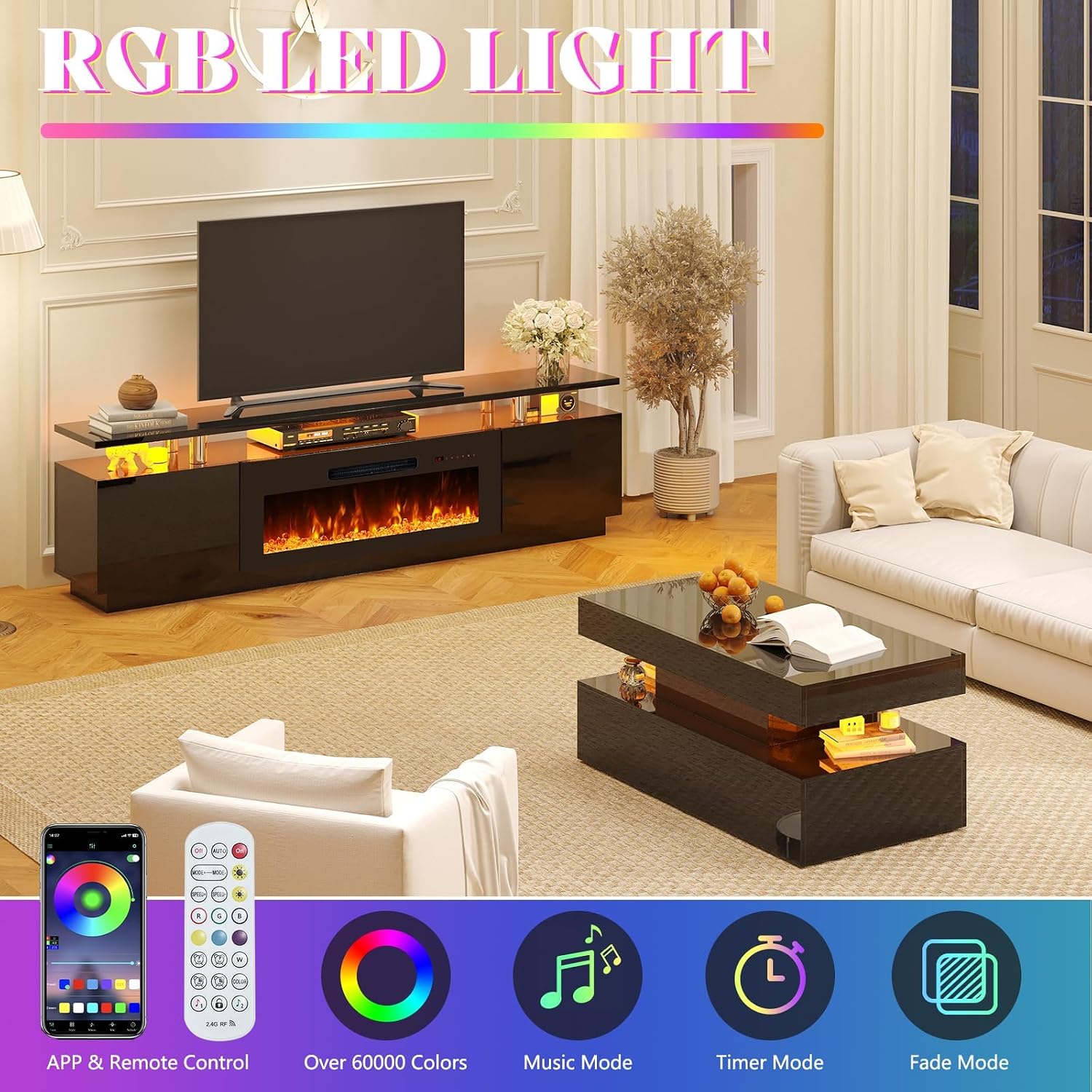 AMERLIFE 3 Piece Modern Living Room Table Set, Includes 80' High Gloss Fireplace TV Stand, 2-Tier Coffee Table, LED Lights Entertainment Center Set for Living Room, Black