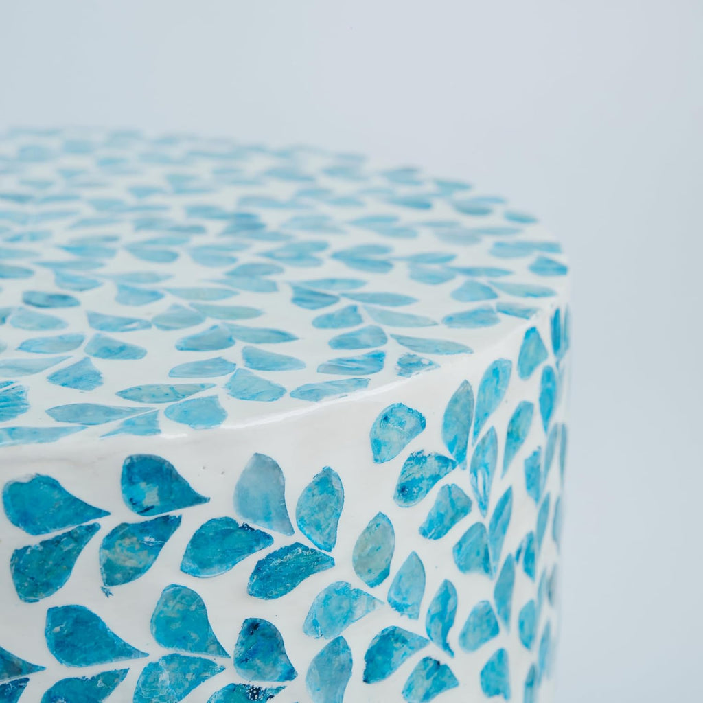 PEMAR Mother of Pearl Inlaid Cylinder Drum End Table Nacre Capiz Shell Side Table Stool Drum Accent Table Coffee Bedside Side Table Round Nightstand and Vanity Stool (Teal Floral)