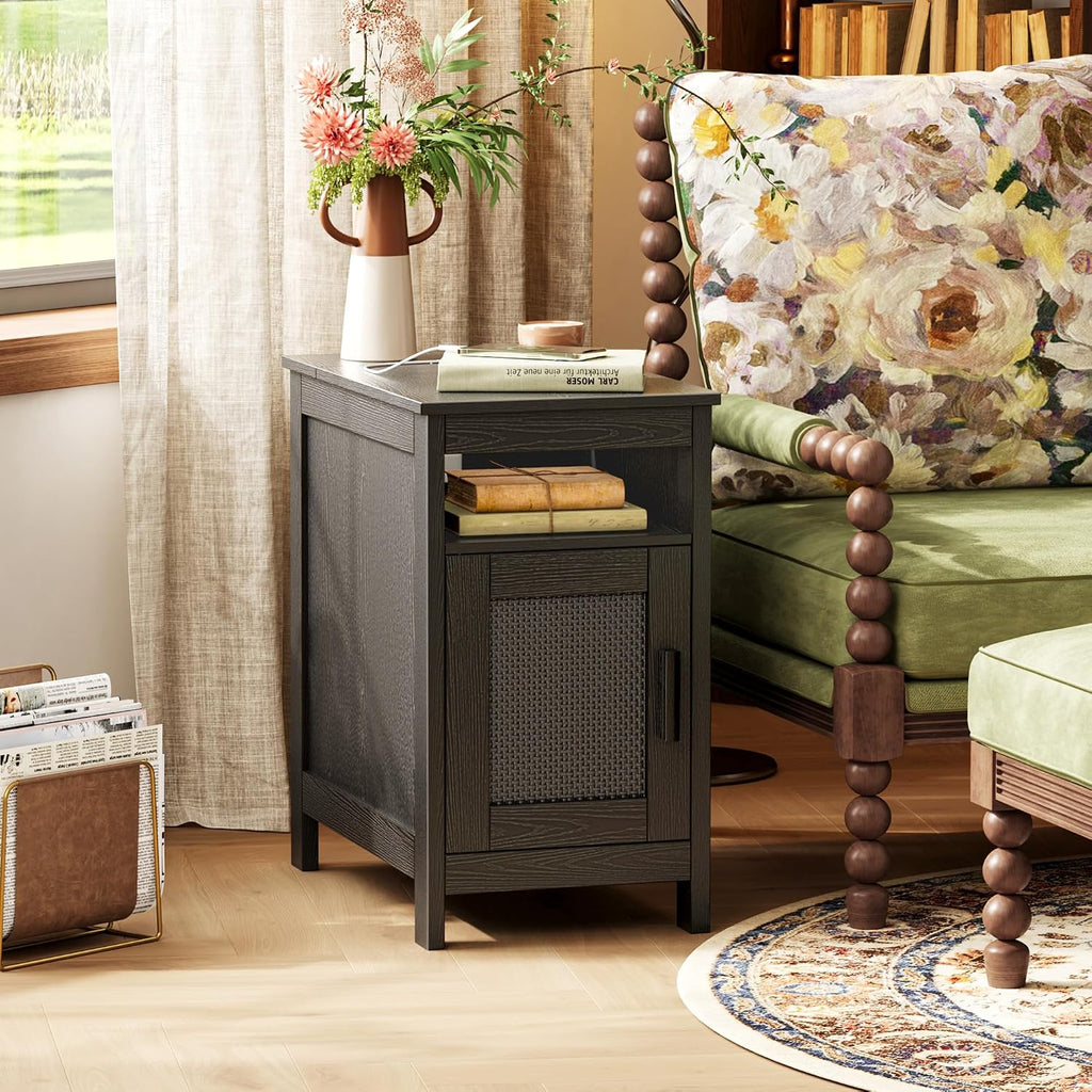Huuger Narrow Night Stand Set of 2, End Table with Charging Station, USB-C Port, Rattan Side Table with Cabinet and Open Shelf, Synthetic Rattan, for Small Spaces, Bedroom, Black