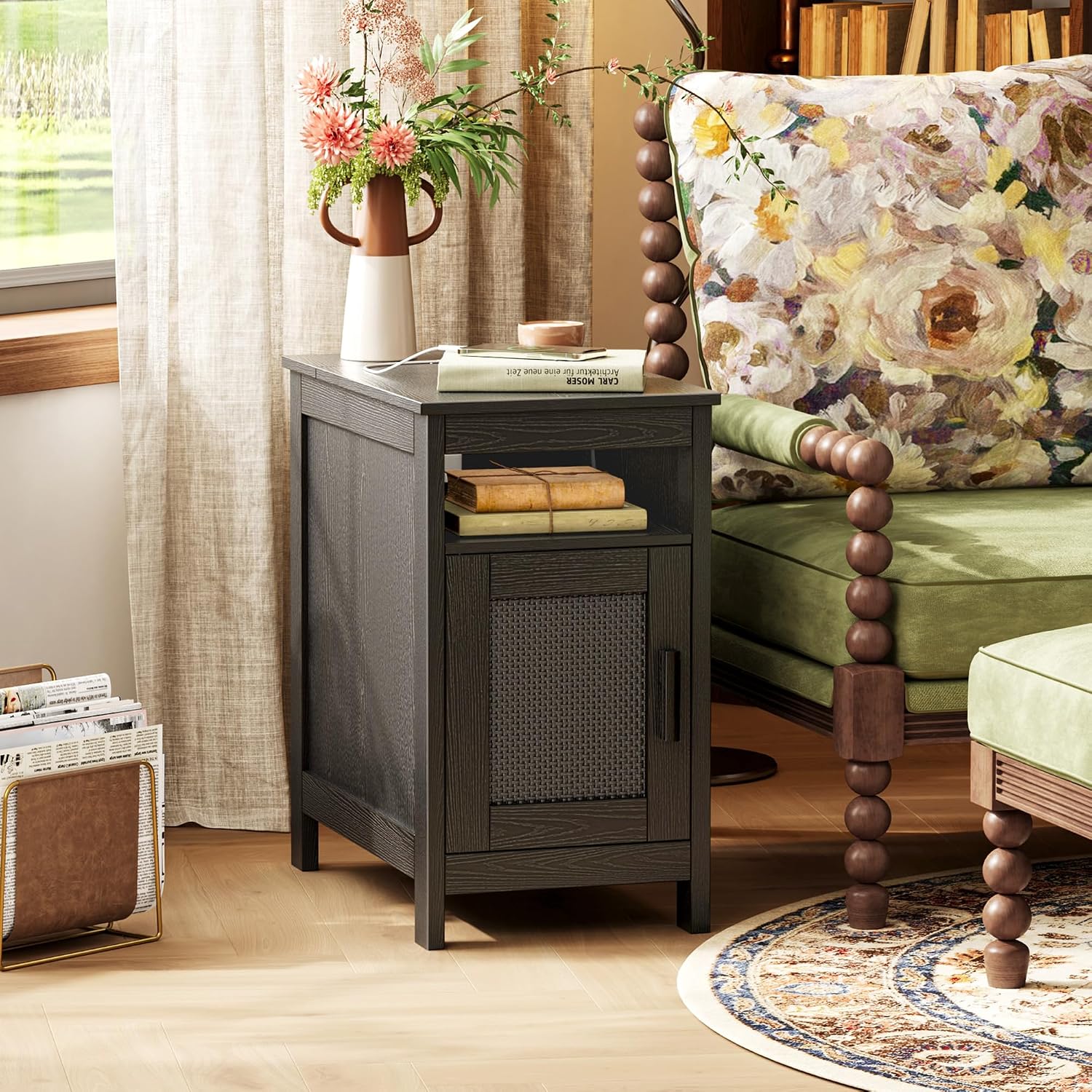 Huuger Narrow Night Stand Set of 2, End Table with Charging Station, USB-C Port, Rattan Side Table with Cabinet and Open Shelf, Synthetic Rattan, for Small Spaces, Bedroom, Black