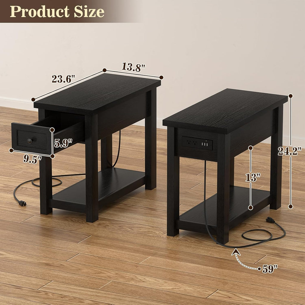 Armocity Narrow End Table Set of 2 with Charging Station - Farmhouse Side Tables with Drawers, 14' Wood Nightstands Set of 2 for Bedroom Living Room, Slim Couch Bedside Table Small Spaces, Black
