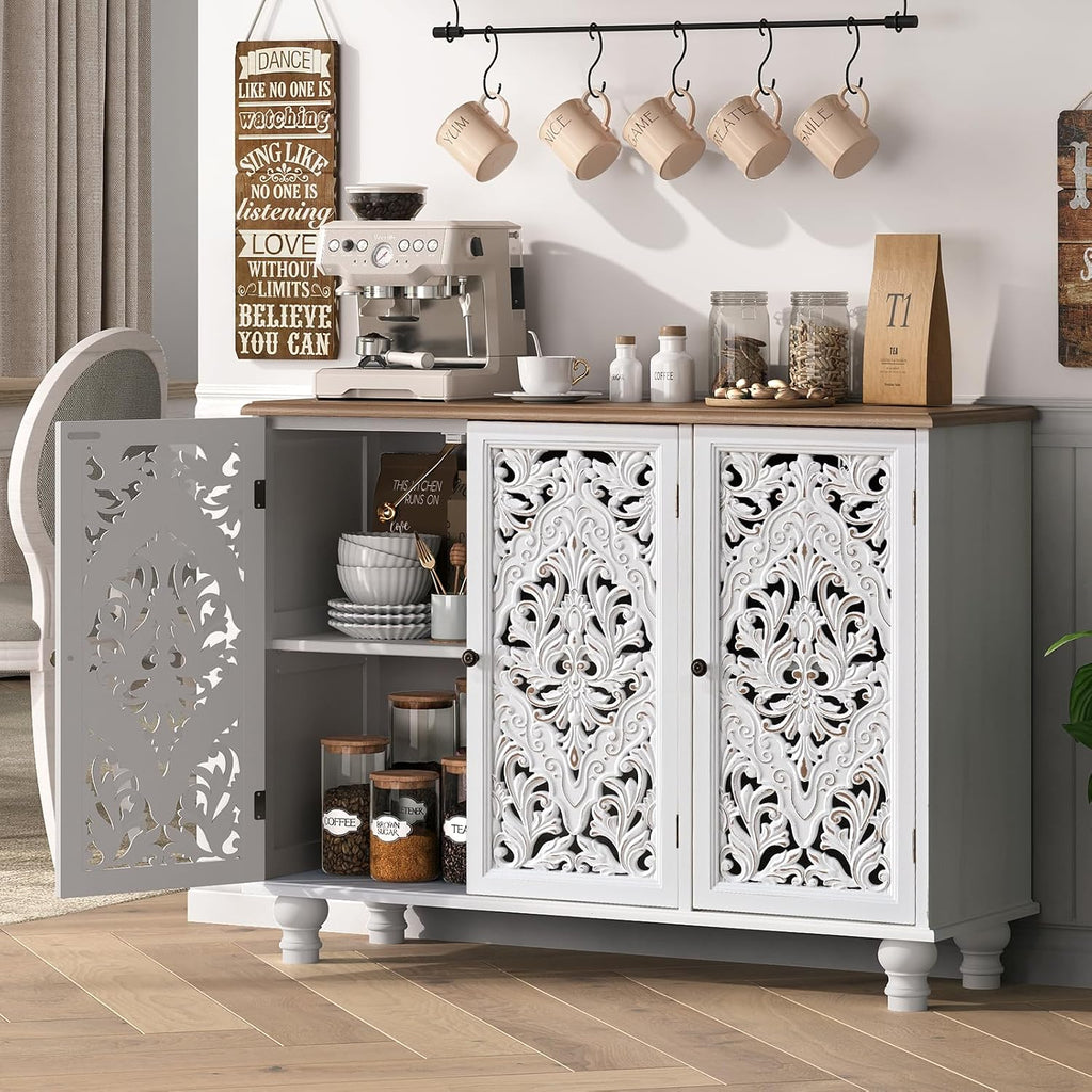JOINICE 43' Accent Cabinet with 3 Carved Doors, White Farmhouse Buffet Cabinet with Storage & Solid Wood Legs, Boho Sideboard Console Table for Living Room, Entryway, Dining Room, Coffee Bar
