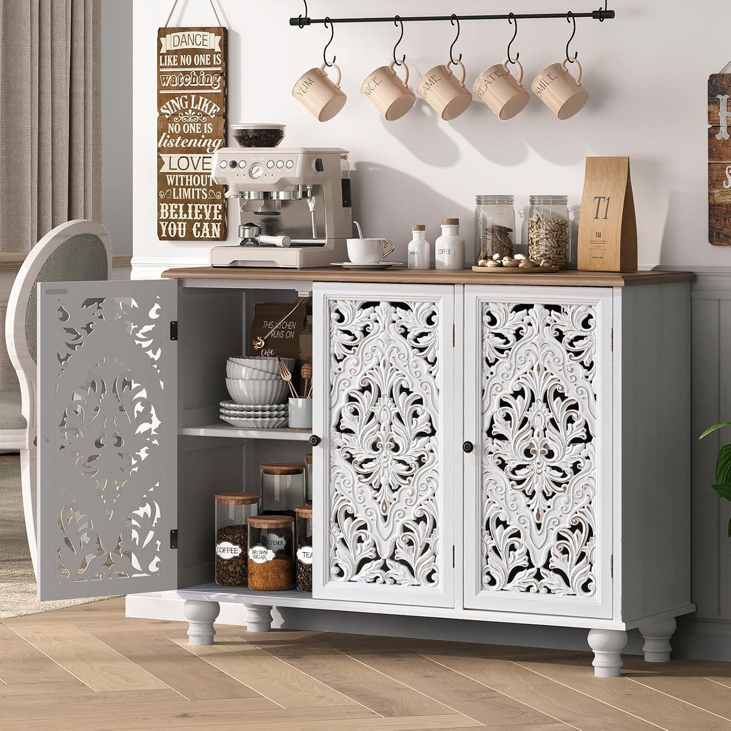 JOINICE 43' Accent Cabinet with 3 Carved Doors, White Farmhouse Buffet Cabinet with Storage & Solid Wood Legs, Boho Sideboard Console Table for Living Room, Entryway, Dining Room, Coffee Bar