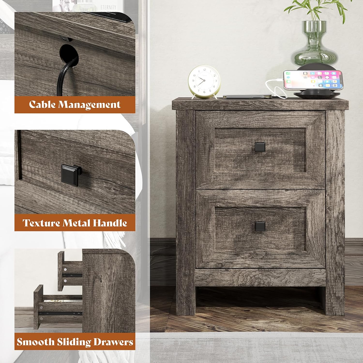 AMERLIFE Nightstand Set of 2 with Charging Station, Rustic Bedside Table with Drawers Storage, Farmhouse Wood Night Stand for Bedroom, Rustic Grey