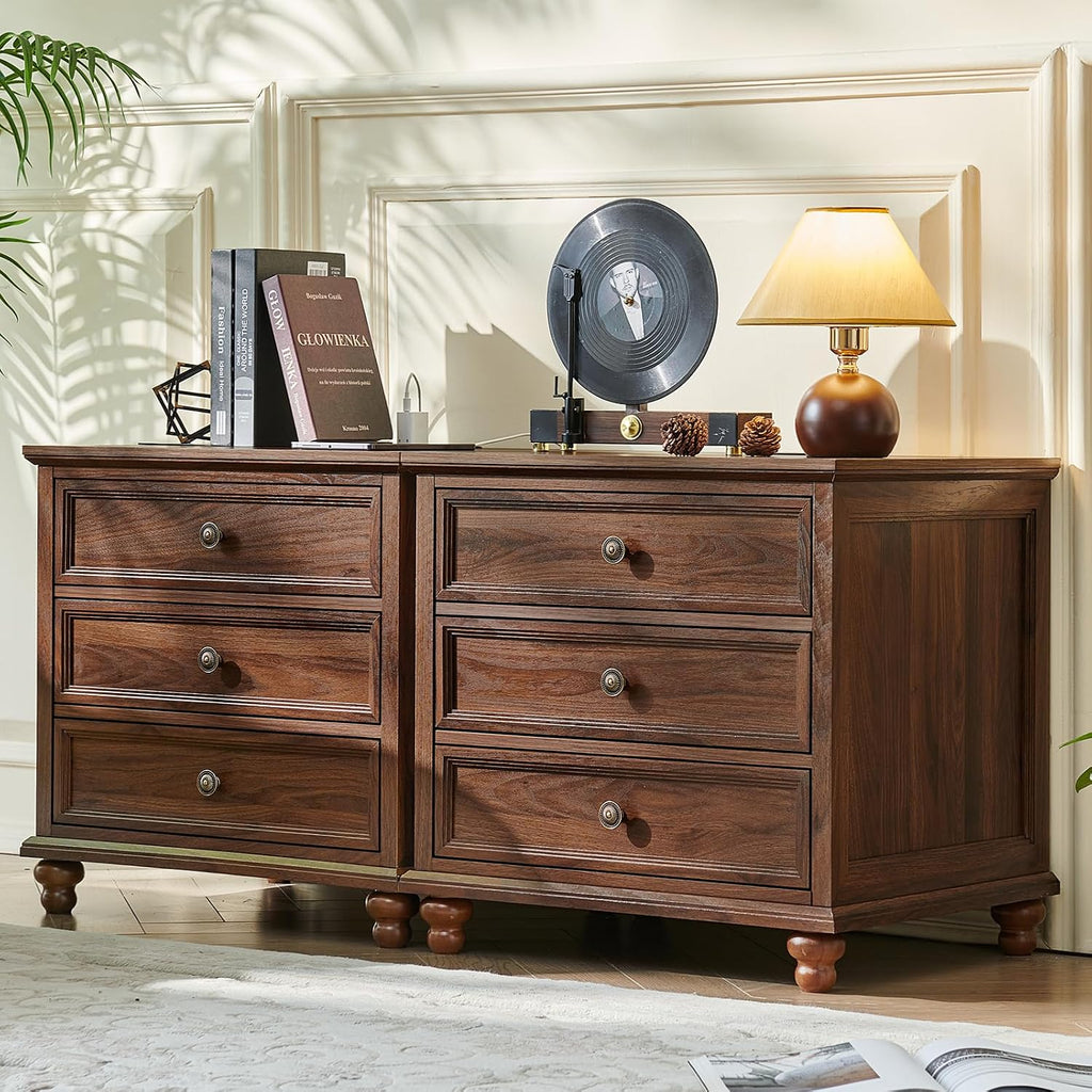 Joaxswe Farmhouse Nightstand Set of 2 with Charging Station, 24' Wide End Table with 3 Drawers,Dresser for Bedroom,Bed Side Table Chest of Drawers Cabinet,Wood Brown Night Stand for Living Room