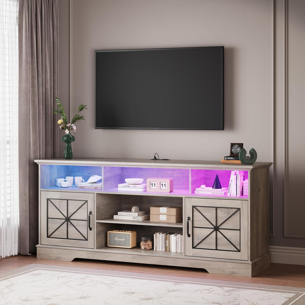 Wodeer Grey TV Stand for TVs up to 65 Inches, 59'' Farmhouse Entertainment Center with Storage Cabinet, Adjustable Shelf and Power Outlet, LED TV Stands for Living Room, Bedroom