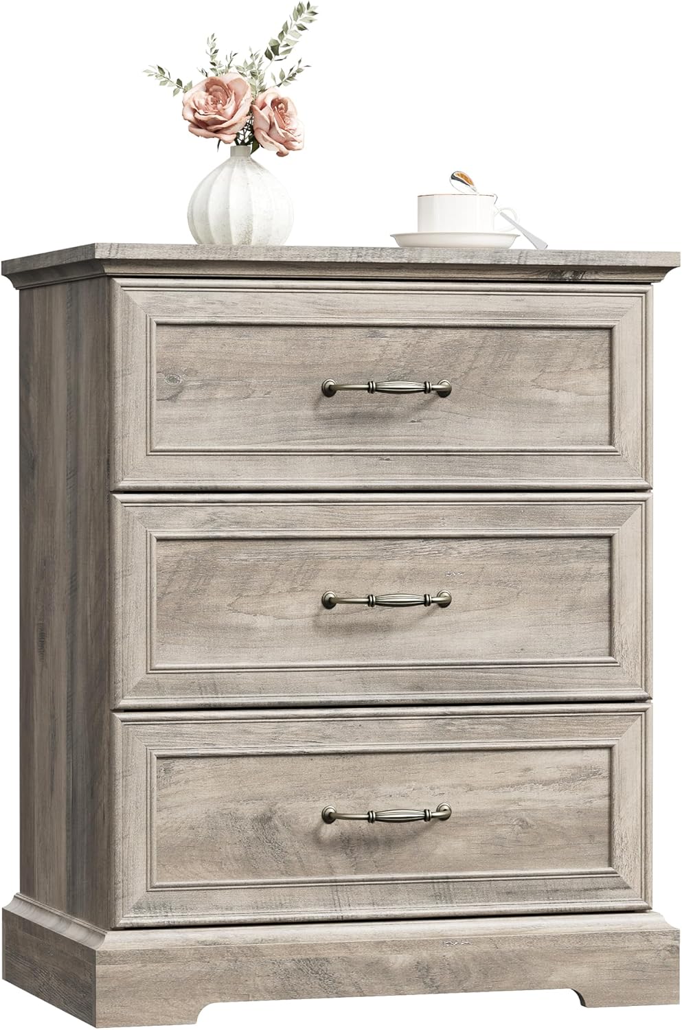 Nightstand Set of 2,24' Wide End Table with 3 Large Drawers & Metal Handles,Rustic Farmhouse Wood Small Dresser,Bedside Table,Modern Chest of Drawers for Bedroom,Living Room,Grey