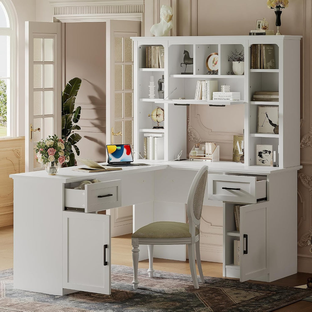 L Shaped Desk with Hutch, Corner Computer Desk with Storage Shelf & Cabinet, Laptop Pc Table Gaming Desk Workstation, Modern Executive Study Writing Desk for Home Office, Bedroom (White)