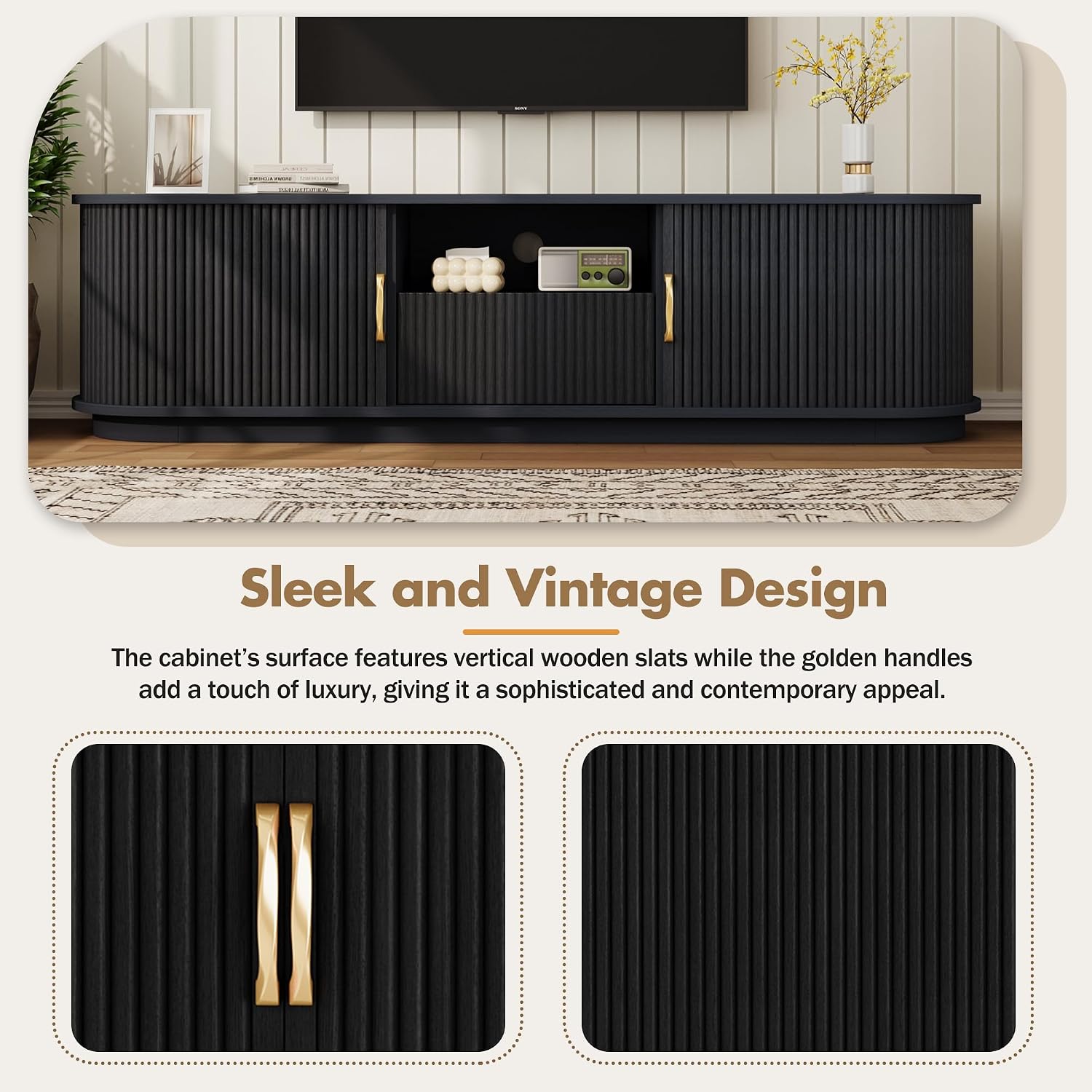 SOFTSEA 66.9' Fluted TV Stand for 75'+ TV, Farmhouse Media Console with Storage Drawer, Sliding Tambour Doors & Rounded Edges, Rustic Entertainment Center for Living Room, Black