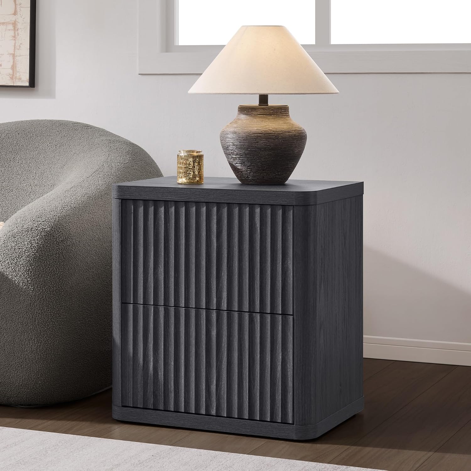 SICOTAS Night Stand Set of 2 Nightstands with 2 Drawers Storage Bedside Table Large Fluted Bed Side End Table Modern 24.4' Tall Wide Night Stands for Bedroom Living Room Sofa Couch Office