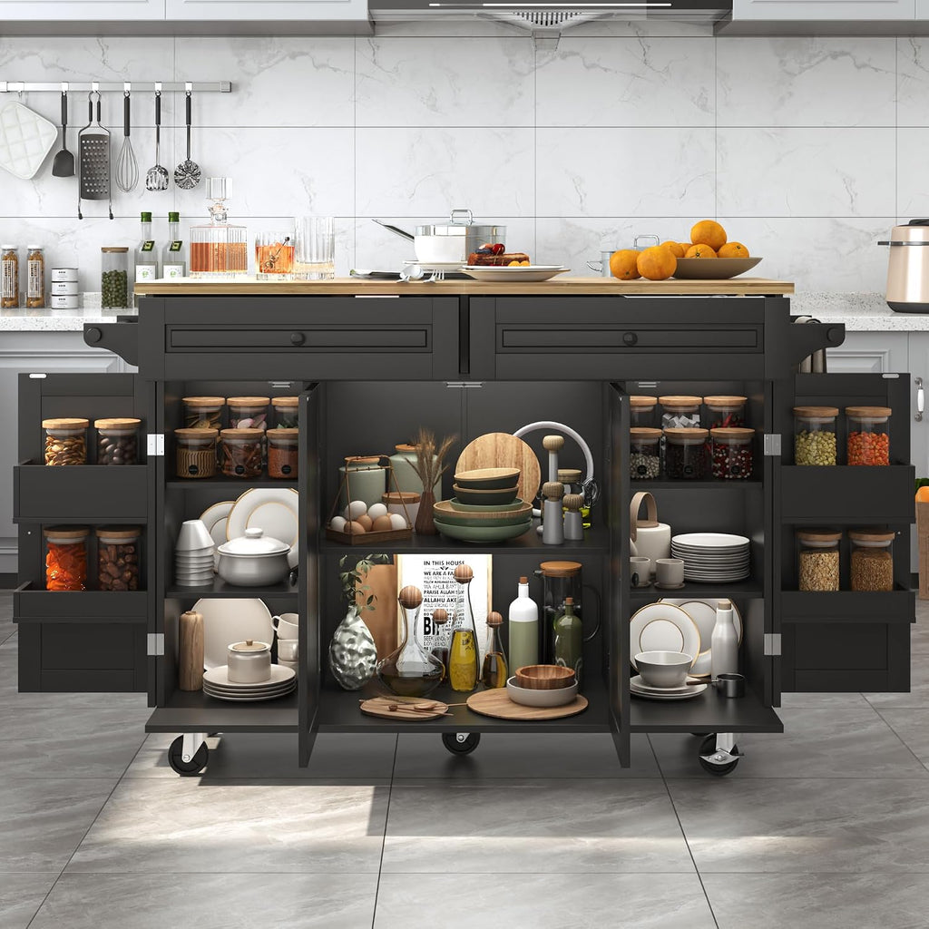 Squireewo 55' Kitchen Cart with Wood Top and Drop Leaf Breakfast Bar, Rolling Mobile Kitchen Island Table on Wheels with Drawer and Storage Cabinet, Spice Rack, Towel Rack, Black