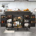 Squireewo 55' Kitchen Cart with Wood Top and Drop Leaf Breakfast Bar, Rolling Mobile Kitchen Island Table on Wheels with Drawer and Storage Cabinet, Spice Rack, Towel Rack, Black