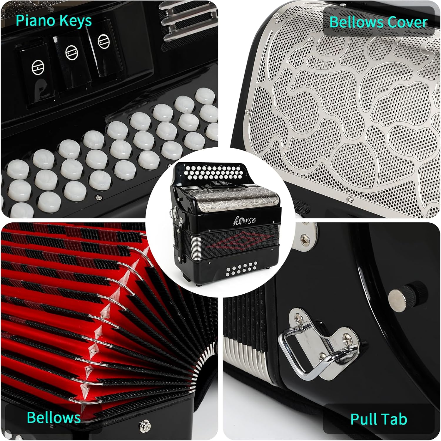 Horse Accordion, 34 Keys 12 Bass Accordion Instrument, G/C/F Tone for Adult Professional Players and Beginners, Comes with Case, Strap, Gloves,Oversleeves, and Wipe Cloth Acordeón Acordeones Adultos