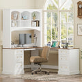 L-Shaped Computer Desk with Keyboard Tray | Charging Stations,Corner Desk with Arched Hutch, All-in-One Home Office Desk for Study, Office