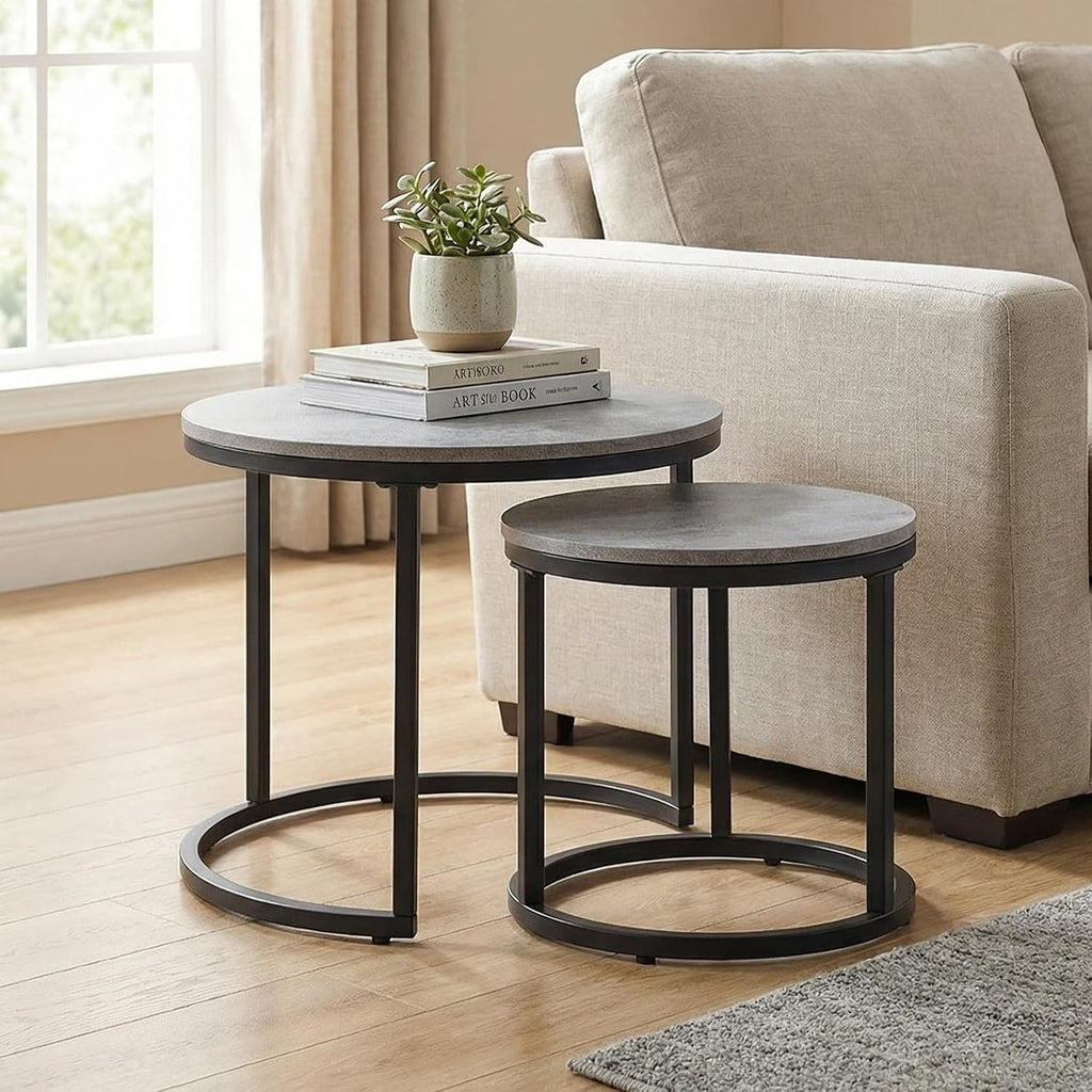 CENSI Round Nesting Coffee Table Set of 2, 24' Industrial Grey Faux Concrete Top, Modern Stacking Side End Tables with Black Metal Frame for Living Room, Small Spaces, Sturdy & Easy Assembly