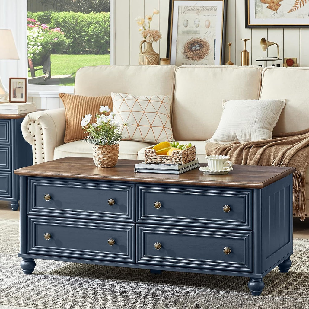 RWYHG Farmhouse Coffee and end Tables 3-Piece Set,Wood 48' Center Table with 4 Drawers,Large Sofa Side Table with Charging Station & with Glass Barn Door Storage for Home Living Room Hallway,Blue