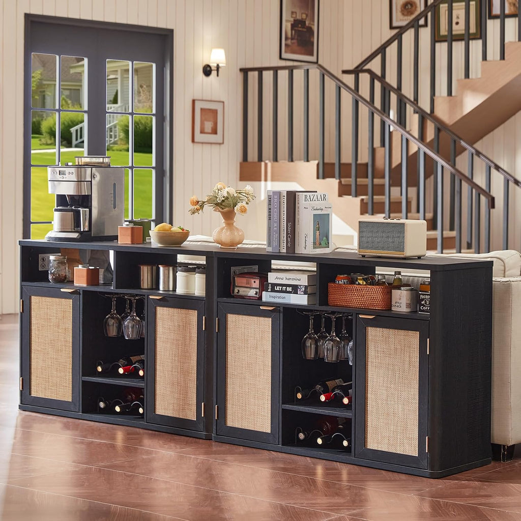 Lerliuo Rattan Wine Cabinet with 2 Doors, Boho Liquor Cabinet with Wine Racks, Farmhouse Coffee Bar Station for Living Room, Dining Room, Kitchen, Black