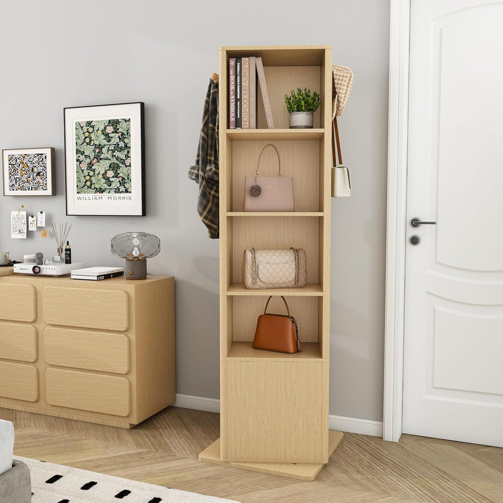 360° Rotating Makeup Cabinet Walnut, Jewelry Cabinet with Full-Length Mirror, Standing Storage Cabinet with Coat Rack, 4 Open & 2 Built-in Shelves for Bedroom Bathroom