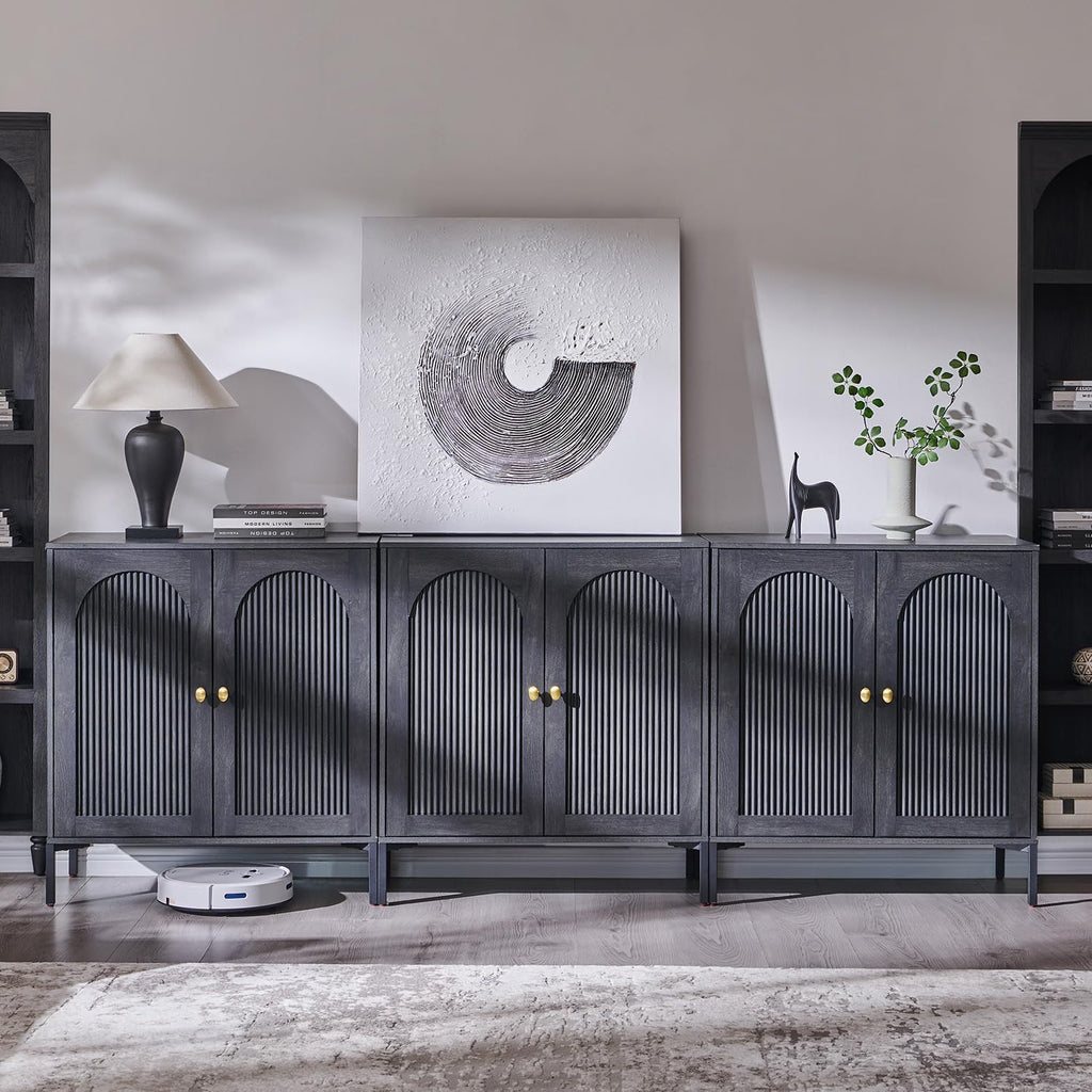 IFGET Modern Buffet Cabinet with Storage, 92.63' W Fluted Arched Sideboard Cabinet w/Adjustable Shelves, Wooden Modular Coffee Bar for Dining Room, Kitchen, Living Room, Entryway, Dark Grey