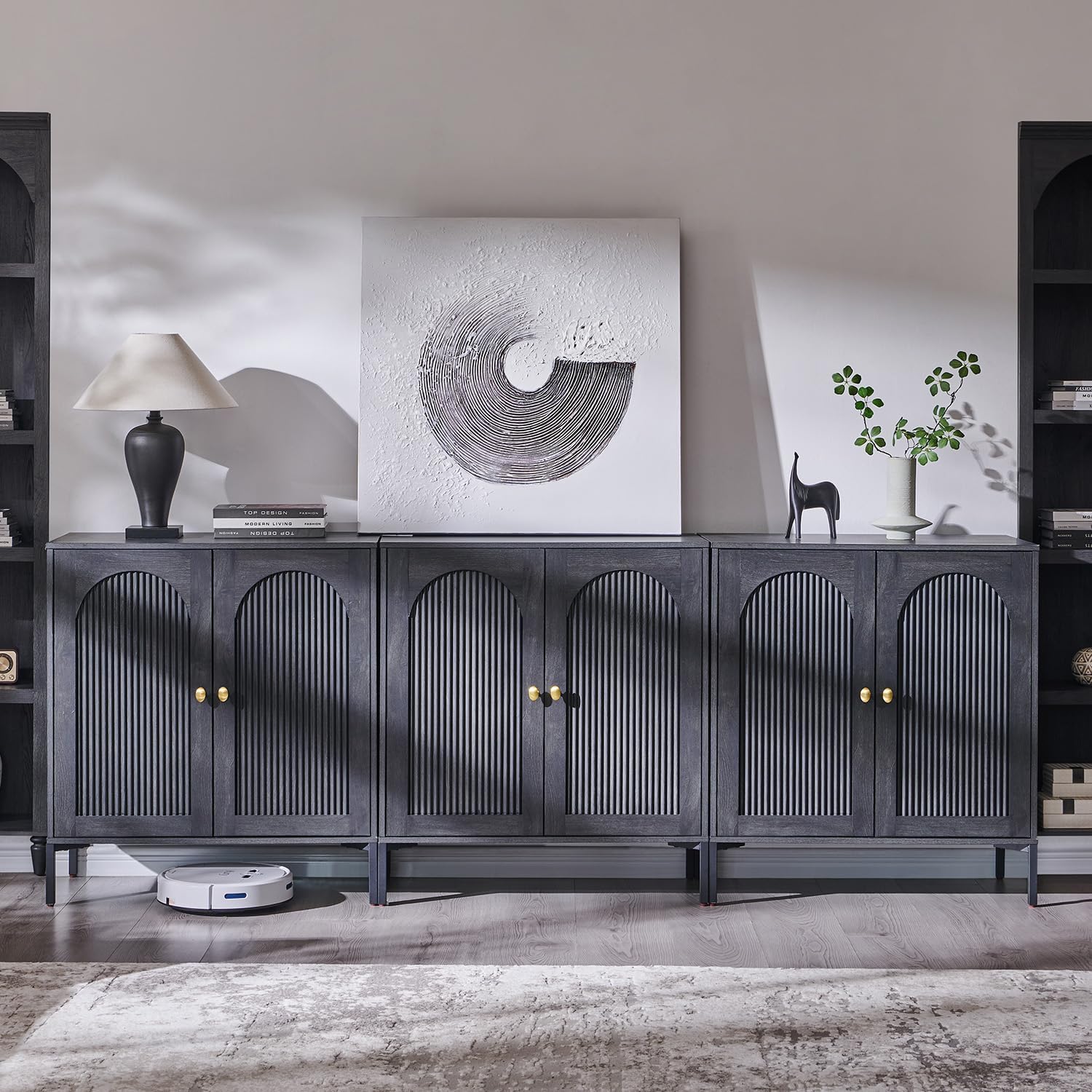 IFGET Modern Buffet Cabinet with Storage, 92.63' W Fluted Arched Sideboard Cabinet w/Adjustable Shelves, Wooden Modular Coffee Bar for Dining Room, Kitchen, Living Room, Entryway, Dark Grey