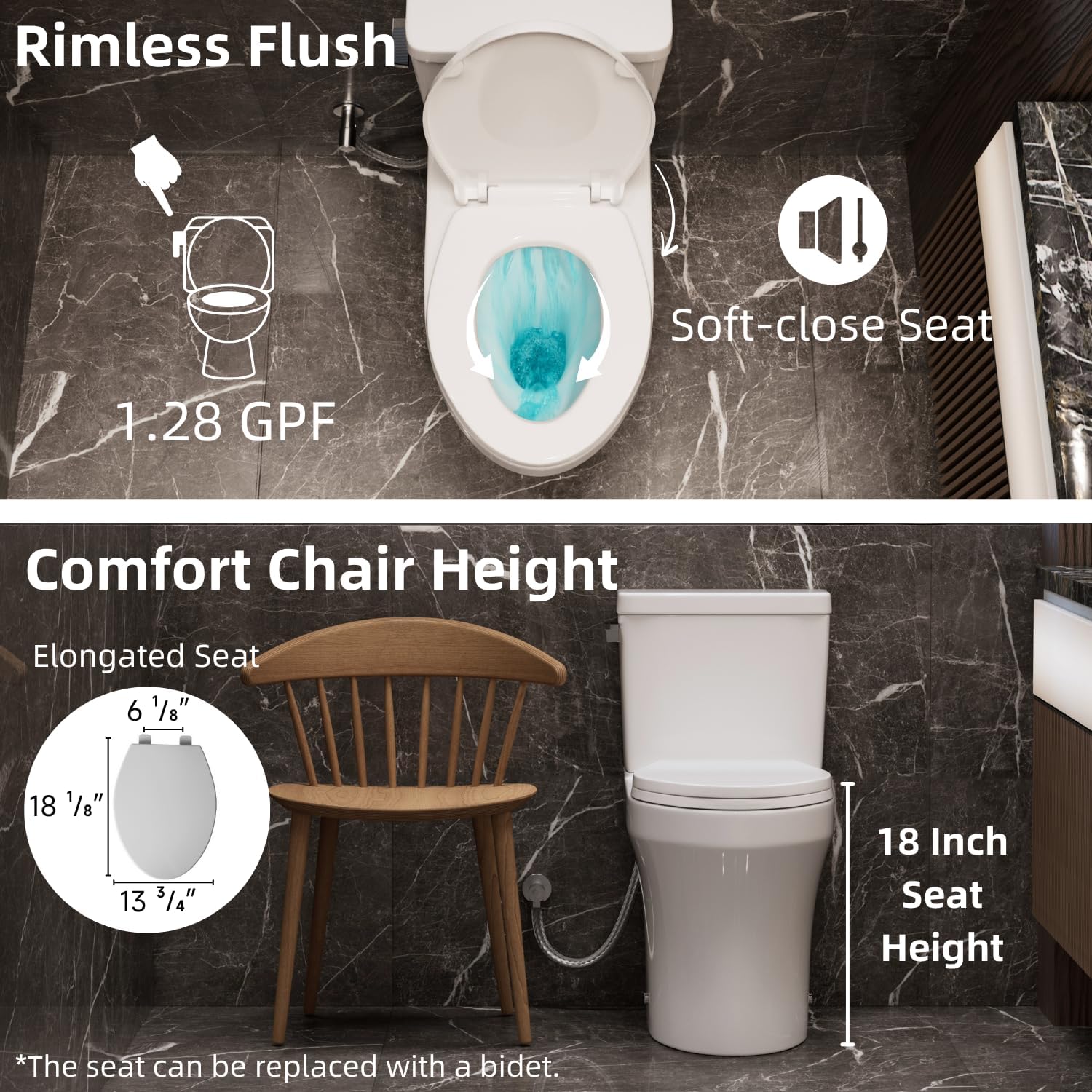 Rear Discharge Toilet with Powerful Rimless Flush, 18'' Comfort Height, Elongated Bowl, 1.28 GPF, Back Outlet Two Piece Toilet with Tank, P-Trap, Skirted Modern Design, Two Extension Pipes Included