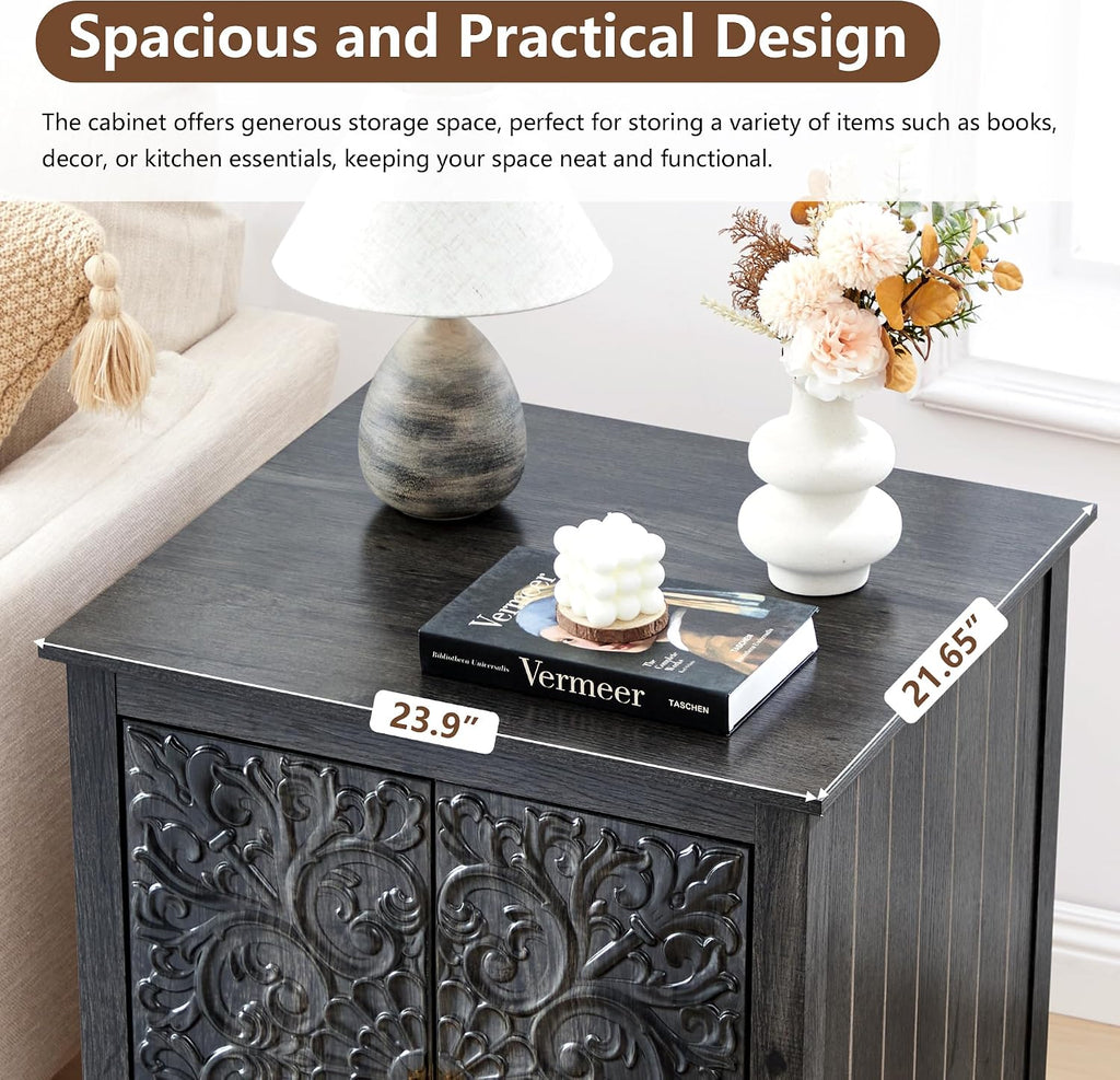 weselon End Table Set of 2, 24' Farmhouse Nightstand with Carved Floral Door & Adjustable Shelf, Square Wooden Sofa Side Table with Storage for Living Room Bedroom (Antique Black-Brown)