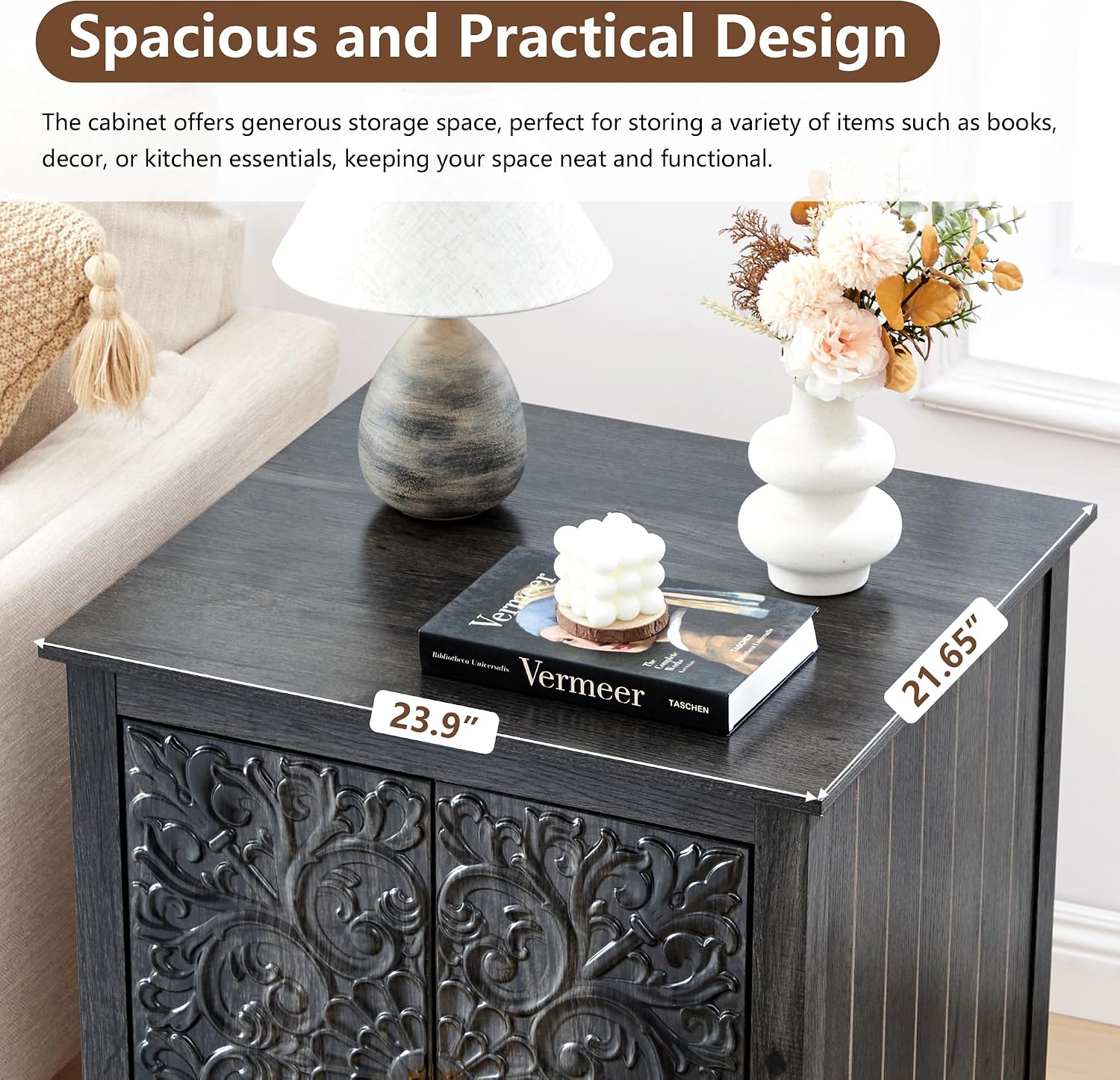 weselon End Table Set of 2, 24' Farmhouse Nightstand with Carved Floral Door & Adjustable Shelf, Square Wooden Sofa Side Table with Storage for Living Room Bedroom (Antique Black-Brown)