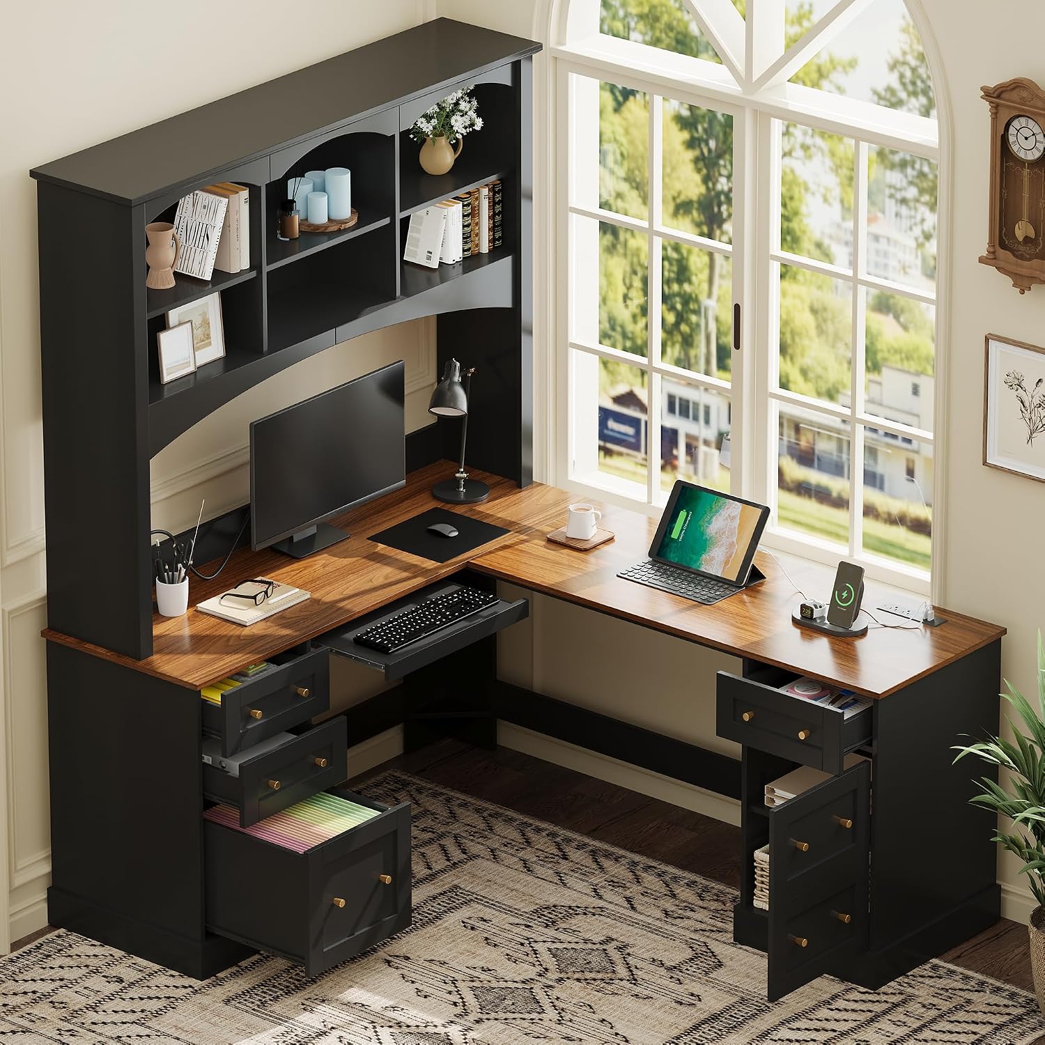 L-Shaped Computer Desk with Keyboard Tray | Charging Stations,Corner Desk with Arched Hutch, All-in-One Home Office Desk for Study, Office