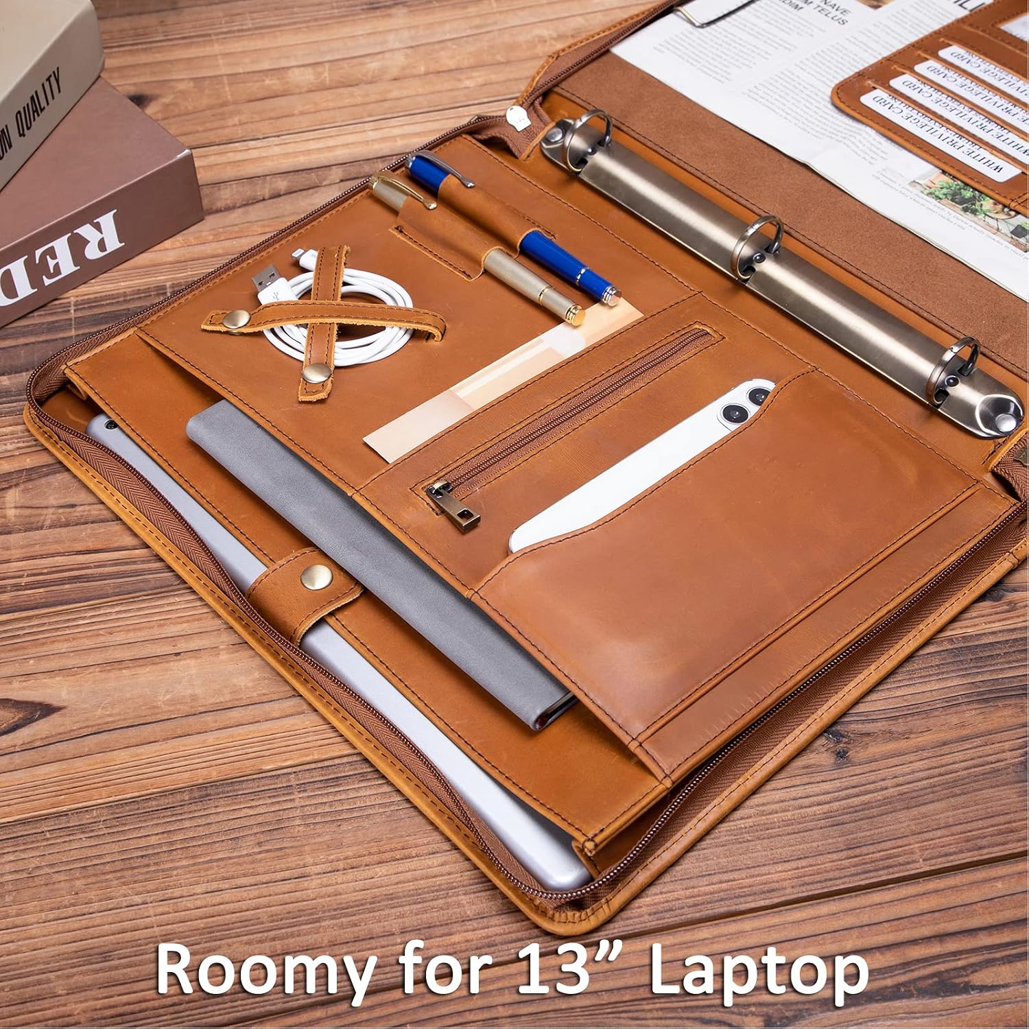 Personalized Genuine Leather Portfolio 3 Ring Binder with Clipboard, Hidden Handle, Custom Engraved 8.5 x 11 Zip Padfolio, Business Professional Organizer for Men Women, Brown
