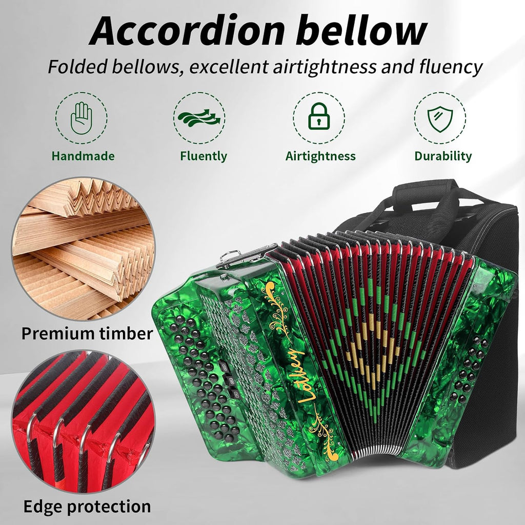 Lotkey 34 Key Diatonic Accordion, 3412 Multi Tone Celluloid Accordions Louder Clearer Timbre than Plastic for Adult, Beginner, Professional with Updated Bag, Straps, Acordeón Wrist Guard (FBE Green)