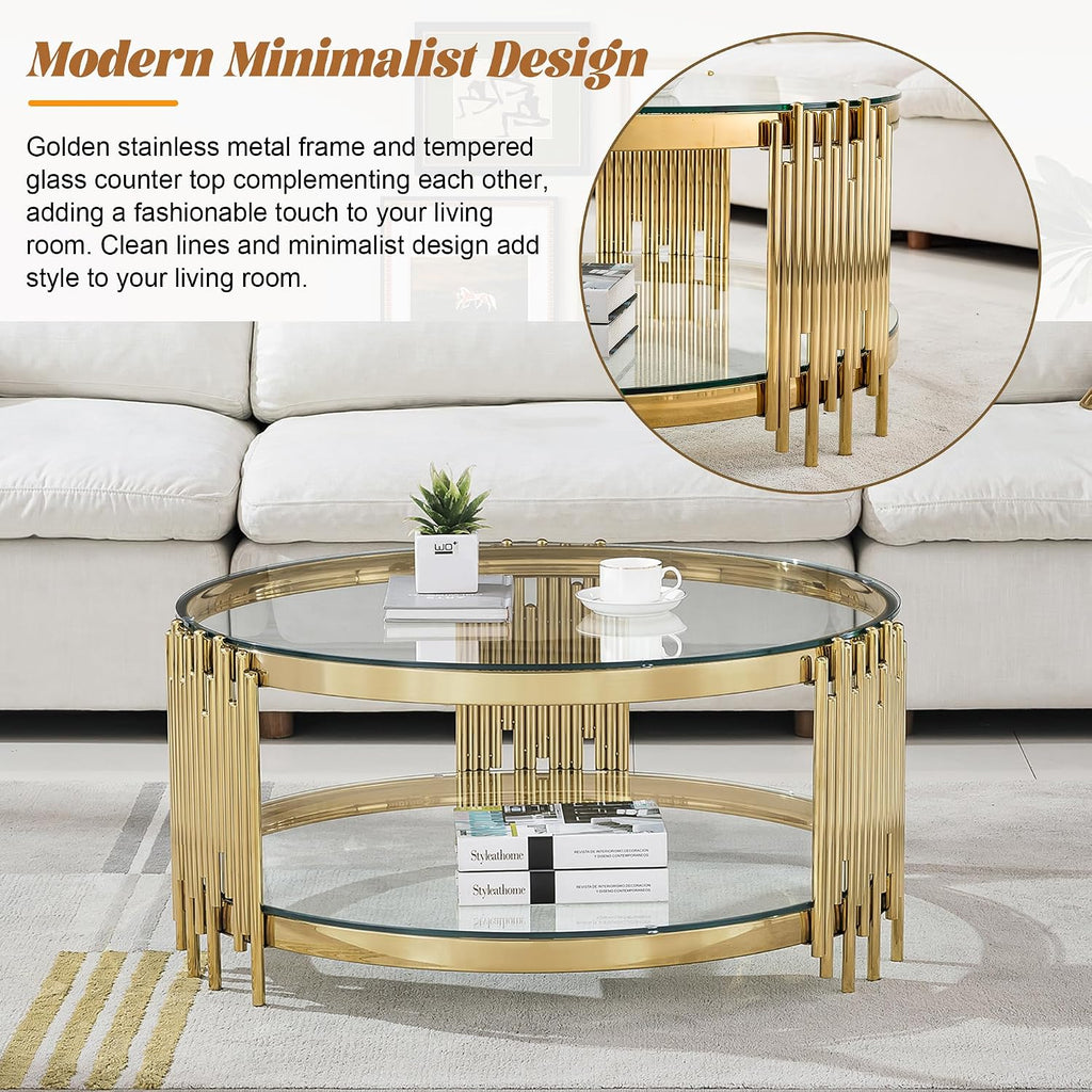 Round Glass Coffee Table Set of 3, Gold Living Room Table Set with Coffee Table and 2 End Table, 2-Tier Glass Table with Stainless Steel Legs and Clear Tempered Glass for Living Room