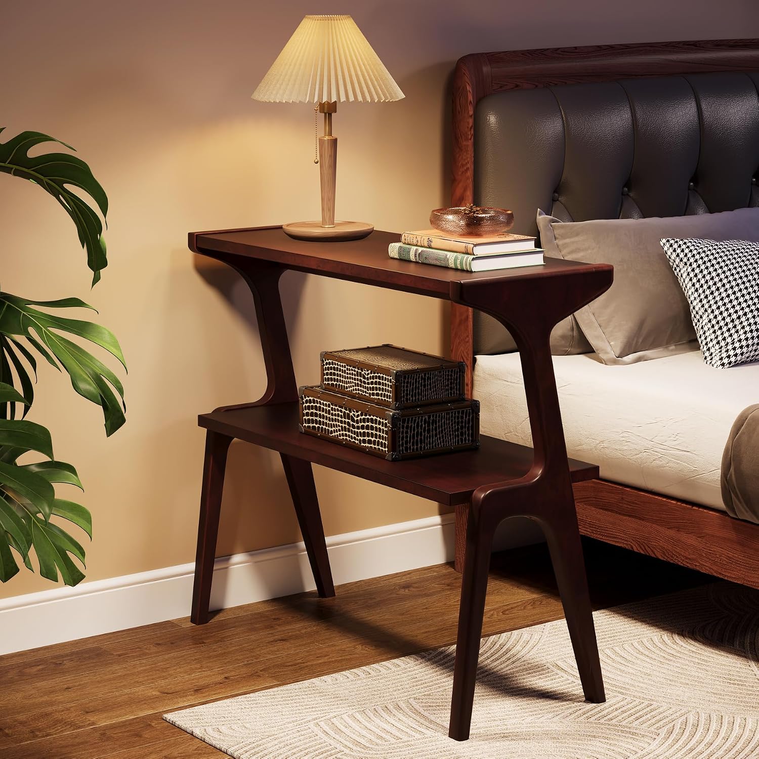 Tribesigns Set of 2 Wood Side Table, 2-Tier Narrow Tall End Table, Slim Side Table for Couch, Long Bedside Table for Bedroom, Living Room, Burgundy