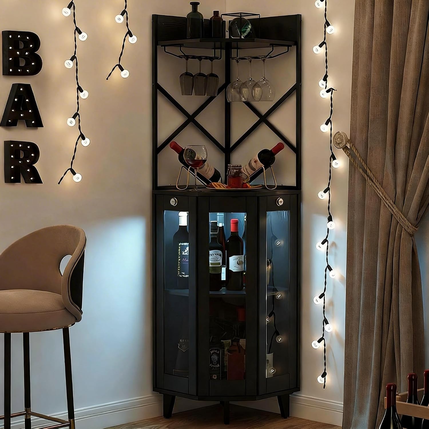 COCO DESIGN Corner Wine Cabinet with Lockable Glass Door & LED Light, 4-Tier Liquor Bar Unit, Modern Farmhouse Home Bar for Living Room, 2 Wine Racks & 2 Glass Display Trays, All Black