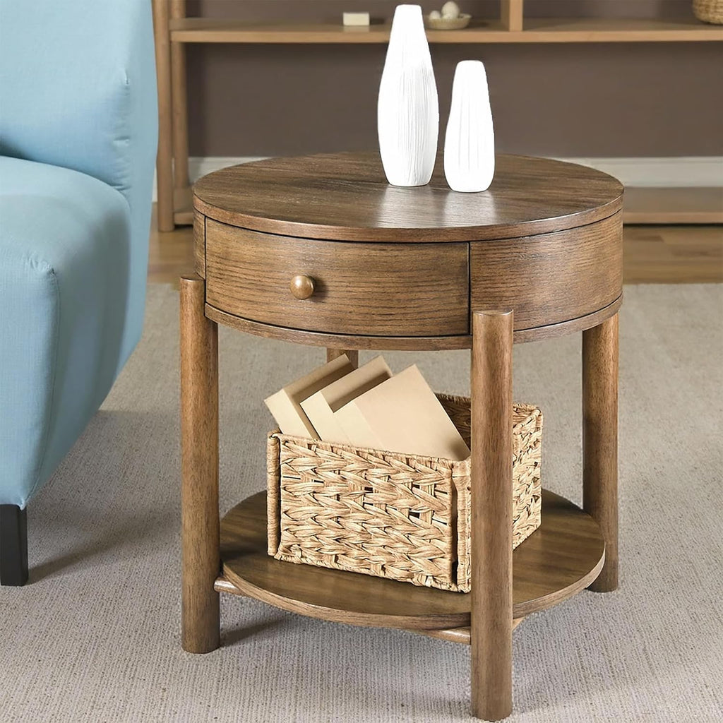 Solid Wood 24' Round End Table with Drawer, 2-Tier Small Sofa Side Table with Open Storage Oak Wood Accent Corner Table Modern Nightstand with Shelf for Living Room Bedroom Office, Brown, 24x25.16in