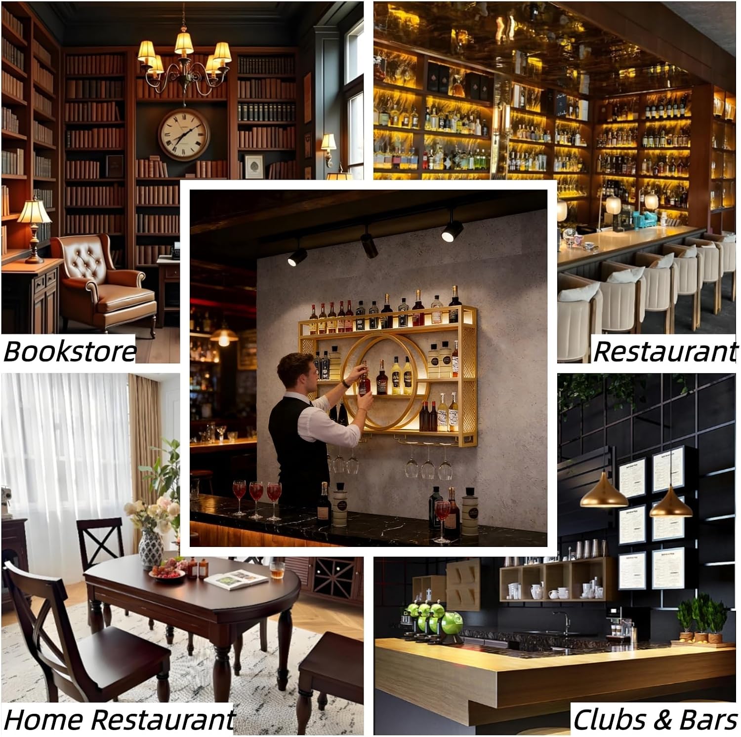 Wall Mounted Wine Rack with LED Light, 39.4' Bar Shelves and Glass Holder, Industrial Metal Bar Shelf Wall Mounted Wine Rack for Kitchen, Bar, Dining Room (Gold, 100cm/39.4in)