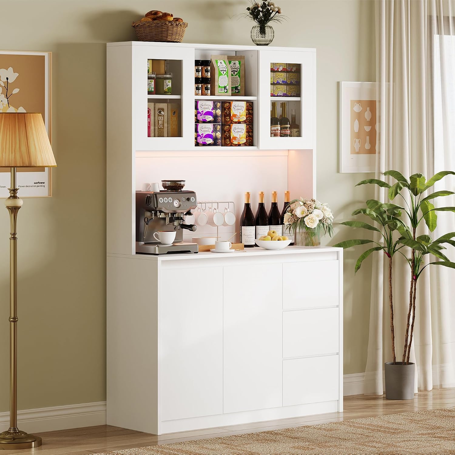 71' Kitchen Pantry Cabinet,Tall Storage Cabinet with Doors & Shelves Adjustable, Kitchen Storage Hutch with Microwave Shelf,Coffee Bar,Led Lights&Charging Station,Corner Pantry Cabinet for Living Room