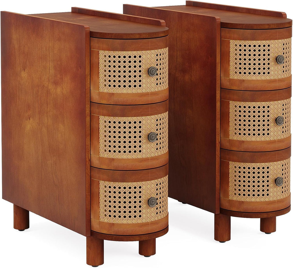 Tribesigns 3-Drawer Rattan End Table, Sofa Side Table with Vintage Embossed Handles, Slim Nightstand for Living Room, Bedroom, Finished Back, No Assembly (Walnut & Oak, 2PCS)