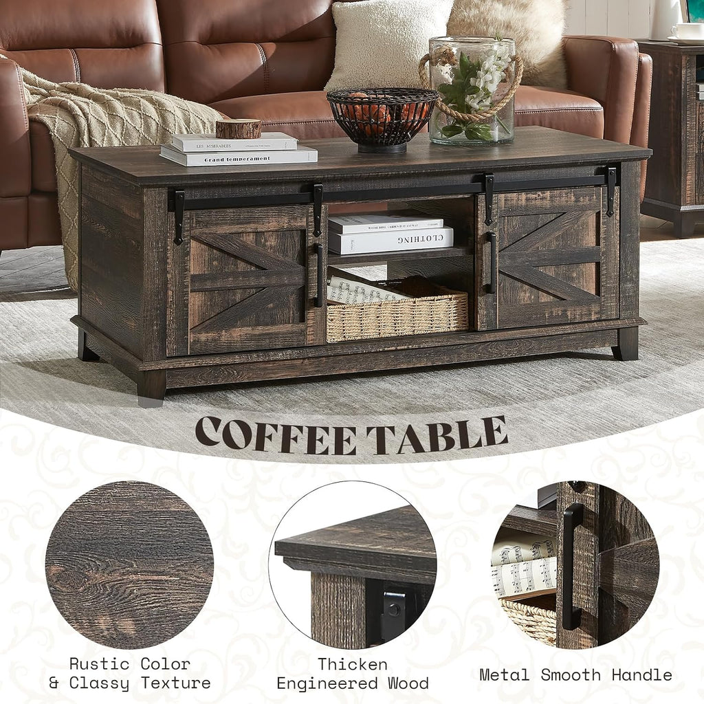 AMERLIFE 4-Piece Farmhouse Furniture Set: Sliding Barn Door TV Stand, Coffee Table, and Two End Tables with Charging Station for Living Room, Bedroom, Rustic Oak Black