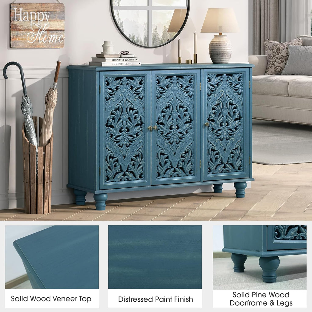 JOINICE Accent Cabinet with 3 Carved Doors, Distressed Blue Sideboard Buffet with Storage & Solid Wood Legs, 43' Vintage Console Table for Living Room, Entryway, Coffee Bar, Hallway