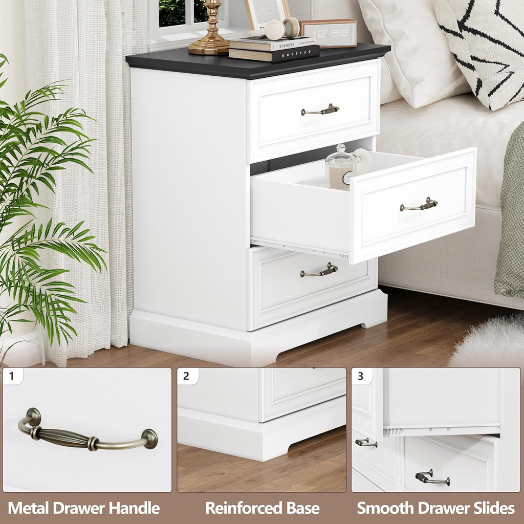 Nightstand Set of 2,24' Wide End Table with 3 Large Drawers & Metal Handles,Rustic Farmhouse Wood Small Dresser,Bedside Table,Modern Chest of Drawers for Bedroom,Living Room,White
