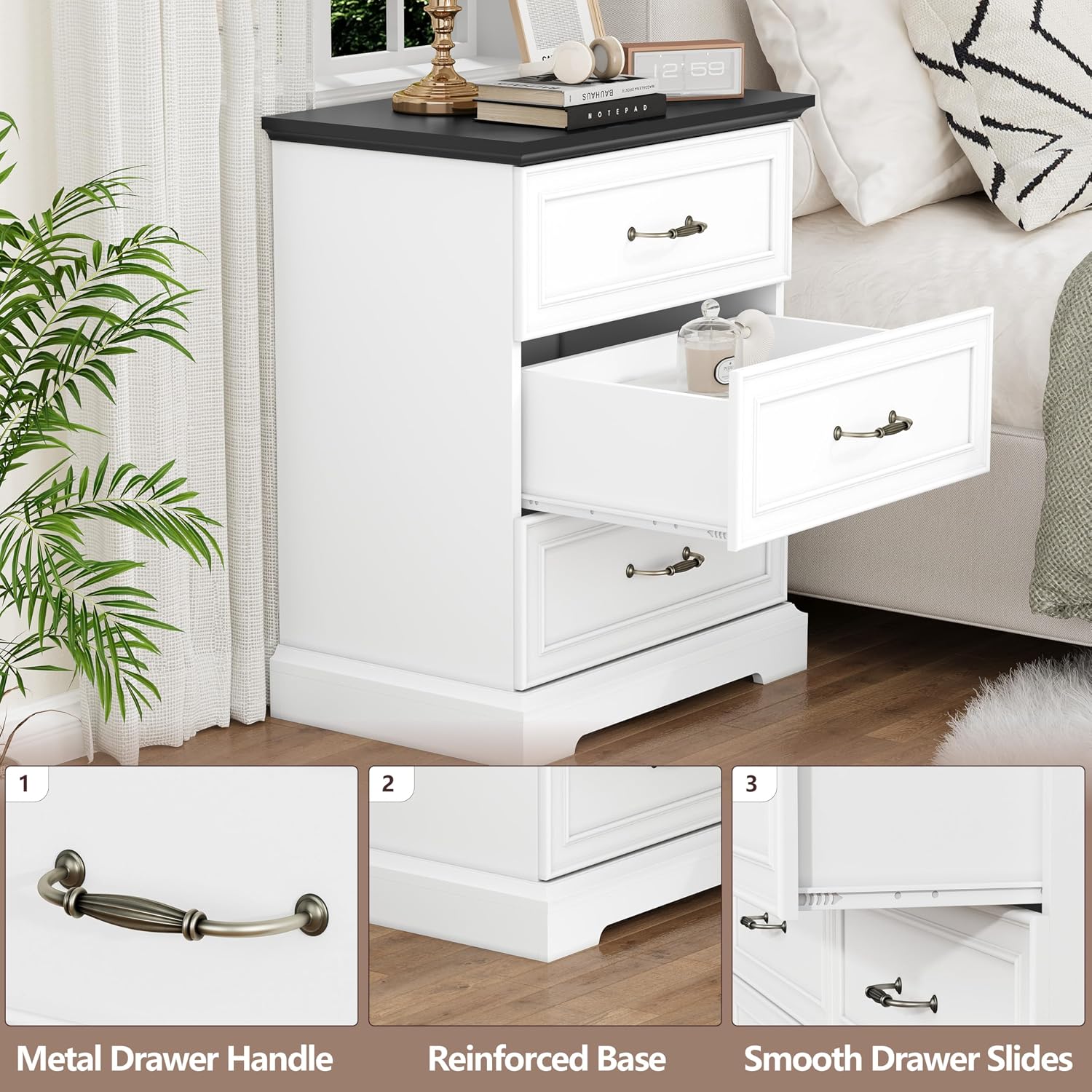 Nightstand Set of 2,24' Wide End Table with 3 Large Drawers & Metal Handles,Rustic Farmhouse Wood Small Dresser,Bedside Table,Modern Chest of Drawers for Bedroom,Living Room,White