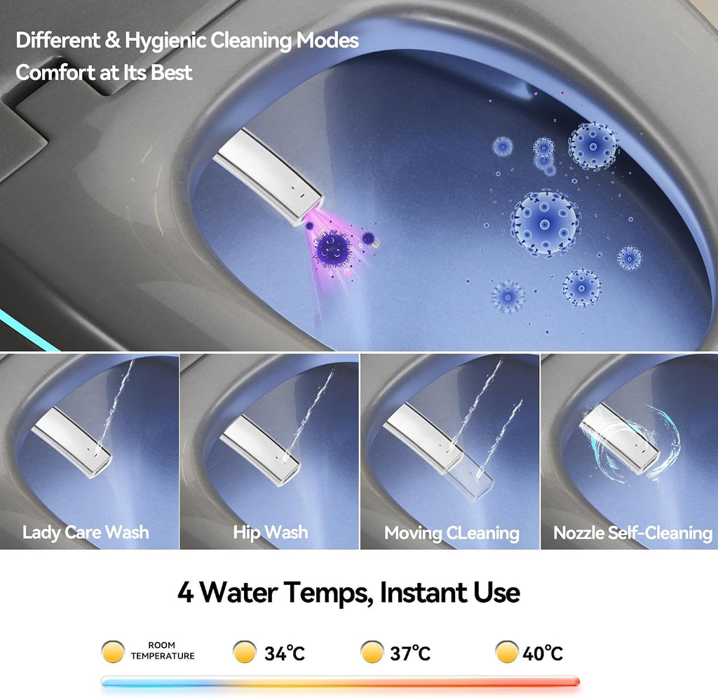 Smart Toilet One Piece with Bidet Built In, Auto Open/Close Seat, Foot Sensor, LED Display, Night Light, Warm Water and Dryer, Grey