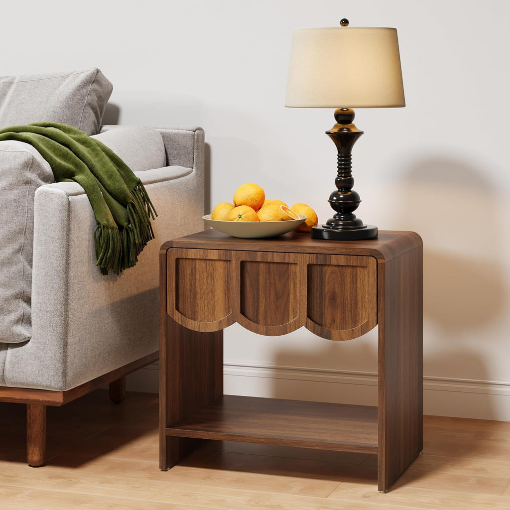 Small Night Stand Set of 2, Mid Century Modern Farmhouse Wood Nightstand with Wave Panel Drawer, Bed Side End Table for Small Space, Living Room - Walnut