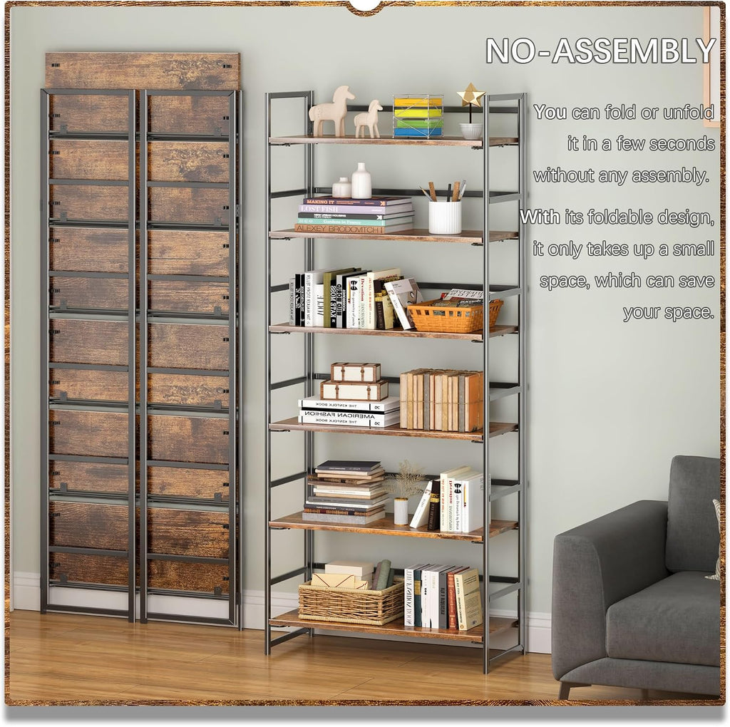 4NM No Assembly 6 Tier Collapsible Book Shelves, 61.8' H x 23.6' W Folding Bookshelf Bookcase Open Industrial Foldable Shelf for Bedroom, Living Room, Home Office - Rustic Brown Black