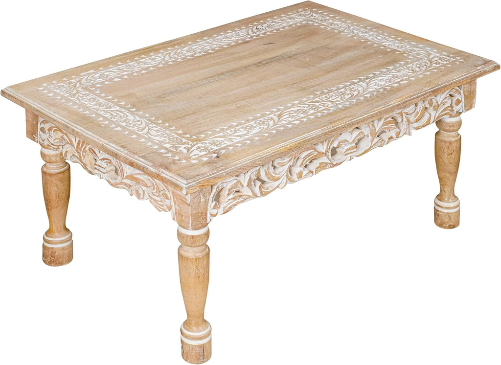 Rectangular Wooden Coffee Table 36x24x18 Inch – Beige Finish with Cutwork Jali Carving, Rustic Farmhouse Style, Mid-Century Modern Living Room Furniture
