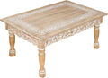 Rectangular Wooden Coffee Table 36x24x18 Inch – Beige Finish with Cutwork Jali Carving, Rustic Farmhouse Style, Mid-Century Modern Living Room Furniture