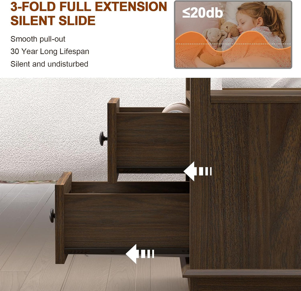 HIFYOBRO Narrow End Table with Flip Top Charging Station and 2 Drawers, Type-C & USB Port & Power outlets, Wooden Storage Cabinet, Side Table with Storage for Living Room and Bedroom
